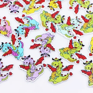 Drachen Holzknöpfe, 2 Löcher, flach, gemischte Farben, grün lila blau rot gelb, 28 mm, groß, für Jungen DIY Basteln Dekoration