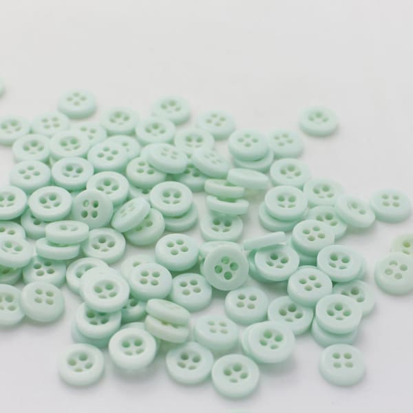 20 Tiny Mint Green Button, Mini Extra Small Size, Pastel Green Color, Wide Edge, Raised Edge, Four Holes, DIY Craft, 8mm, For Doll Clothes