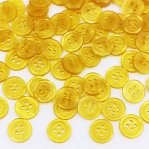 50 pcs Yellow Button, Four Holes, Small Size, Raised Edge, Blouse Shirt, Round Shape, Semi-transparent, 11mm, 0.43inch, Mustard Yellow Color