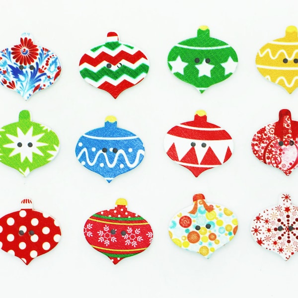 Christmas Ornament Button, Assorted Xmas Pattern, For Holidays Seasons X'mas, Red Green Yellow Blue, Colorful Mixed Lots, 2 Holes, 26mm