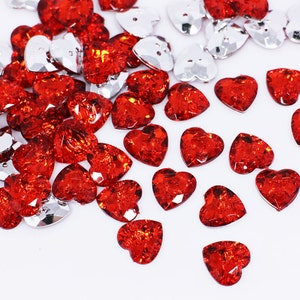 Red Heart Acrylic Buttons, Shiny Elegant, Bright Red Color, Heart-shaped, Two Holes, For Sewing Dress Decorative DIY Craft Supplies, 12mm