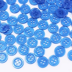 50 pcs Dark Blue Four Holes Button, Small Size, Raised Edge, Semi-transparent, Round Shaped, 11mm, 0.43inch, Bright Blue Color, For Shirt
