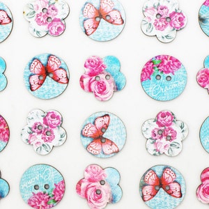 Rose Wooden Button, 24mm, 0.94inch, Assorted Print, Pink Butterfly, Roses Flower, Floral Print, Natural Wooden Materials, 2 Hole, Romantic