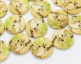Large Sheep Wood Buttons, Animal Print, Two Holes, 30mm, 1.18inch, Large Size, White and Red, Beige Background, Farm Theme, Round Shape