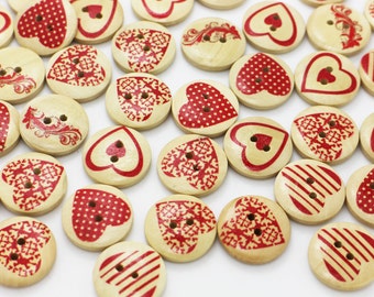 Heart Mix Wood Button, Assorted Heart Pattern, Polka Dot Striped Flower, 2 Holes, 20mm, 0.78inch, Medium Size, Red and Beige Color,Lover DIY