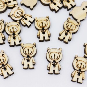 Bear Wood Buttons, Teddy Bear Shape, Natural Wooden Color, 2 Holes, Animal Lover Theme, For Children Sweater DIY Craft Decoration, 20mm