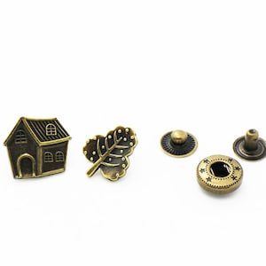 Haus Blatt Druckknöpfe, Cartoon Häuser Druckknopf, Antik Bronze Druckknopf, Polsterknopf, Druckknöpfe Popper, Sonderform Snaps, Niedlich