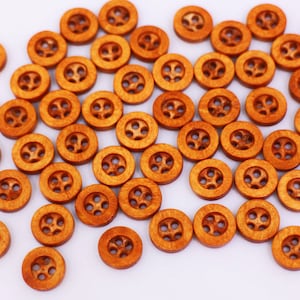 Mini Brown Wooden Button, 10mm, 0.39inch, Extra Small Size, Natural Wood Material, Tiny 4 Holes, Raised Edge, For Men Blouse Shirt,Red Brown