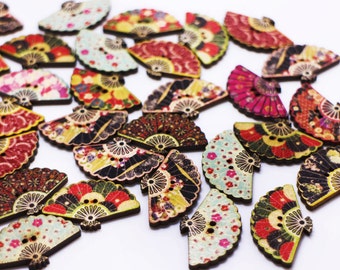 Hand Fan Button, Japanese Floral Pattern, Elegant Beautiful, 2 Holes,19mm, For Decorative Kimono, Red Blue Black Pink, Chinese Style