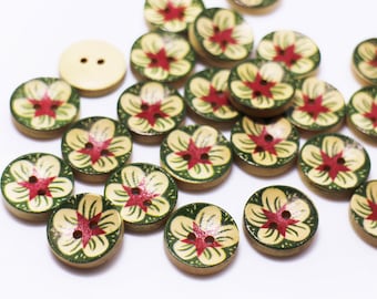 Grüner Blumenknopf, Blumendruck, Schalenform, Sommerblumen, für Pullover Mantel dekorativ, 2 Löcher, 15 mm, grün und rot, rund