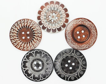 Extra Large BOHO Pattern Wooden Button, 60mm, 2.36inch, Bohemian Ethnic Style, Tribal Print, Wide Edge, Huge Size, Four Holes, For DIY Craft