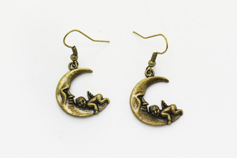 Moon Angel Dangling Earrings Antique Bronze Charm BOHO Chic Moon Baby Necklace Vintage Style Accessories Jewelries Set Bronze