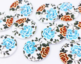 Flower Wooden Button, Blue and Orange Color, Floral Print, Large Size, 2 Holes, White Background, 30mm, 1.18inch, Round Shape,Elegant Mature