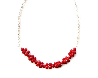 Collar de coral rojo, cadena de plata trenzada, joyería con piedras preciosas
