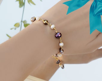 Dainty  white, golden, purple real pearls and gold bracelet, adjustable multicolored pearl bracelet, gifts for mum and grandma, minimalist