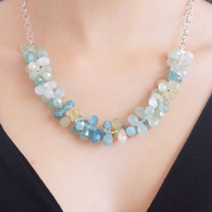 Natural aquamarine and sterling silver necklace, AA aquamarine  briolettes cluster necklace, March birthstone, 19th anniversary
