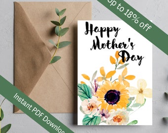 Printable Mother's Day card | Mother's Day card | Yellow Floral watercolor card | Instant Download | Happy Mother's Day | Sunflower card