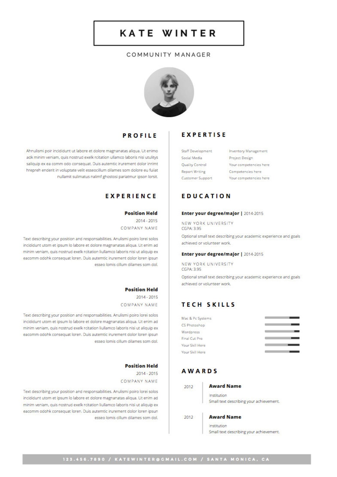 Minimalist Resume Template & Cover Letter + Icon Set for Microsoft Word ...