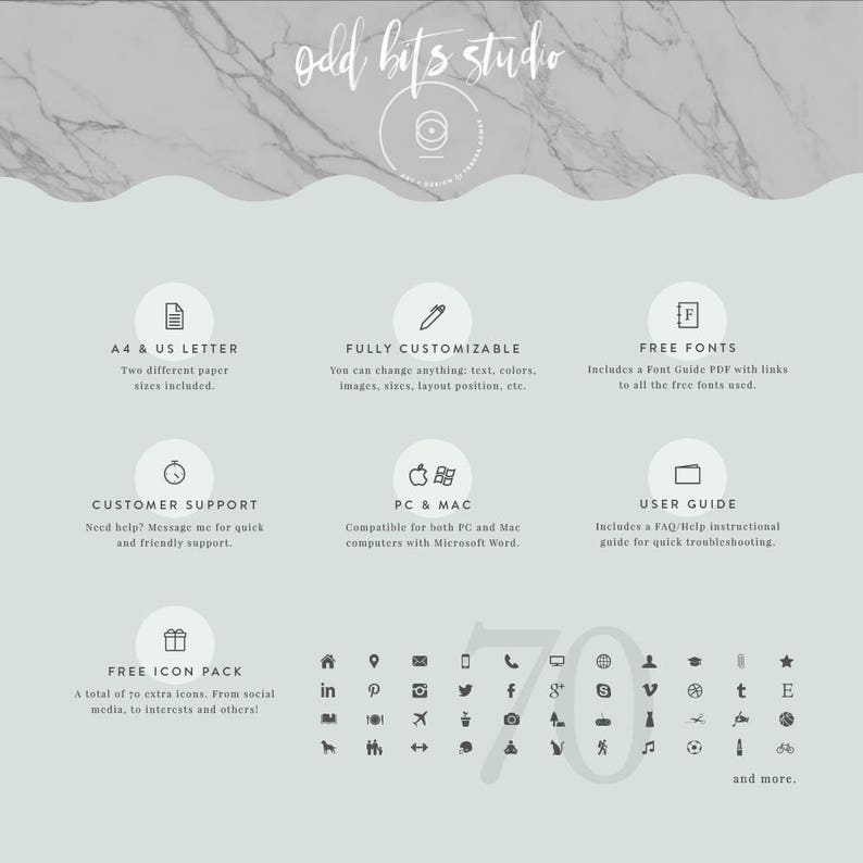 | Instant Digital Download Resume Template CV Template 4 page pack + 66 icons Cover Letter for Word The iNova