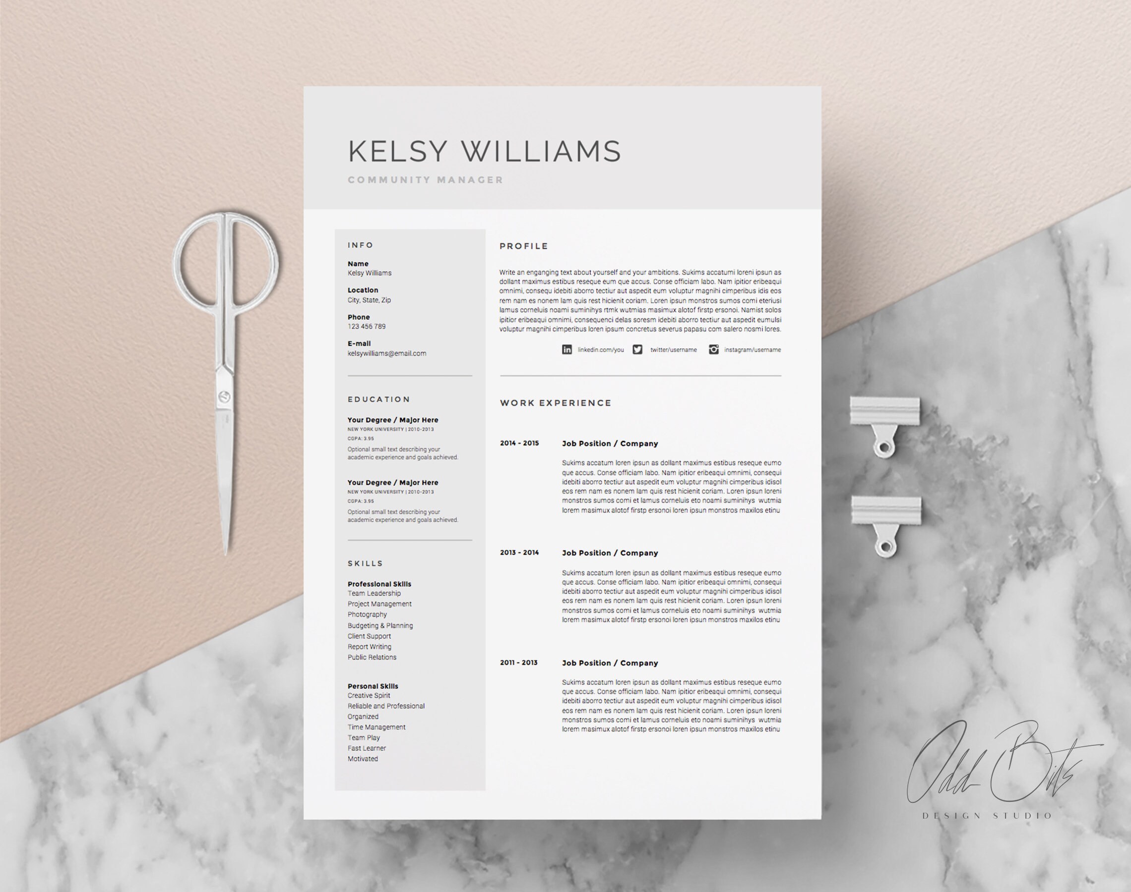 5 page Resume Template / CV Template Pack Cover Letter