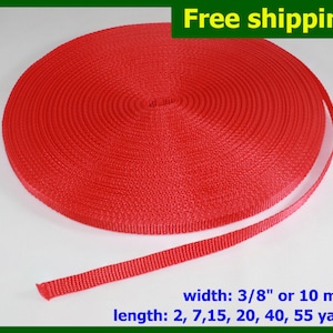 Puede incluir: Un rollo de cinta de nylon roja brillante, de 3/8 de pulgada de ancho o 10 milímetros, disponible en longitudes de 2, 7, 15, 20, 40 y 55 yardas.