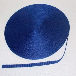 May include: A roll of blue nylon webbing, a type of strong, durable fabric often used for straps, belts, and other applications.