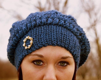 Royal Blue Crochet Beanie with Vintage Pearl Brooch - Ready to Ship!