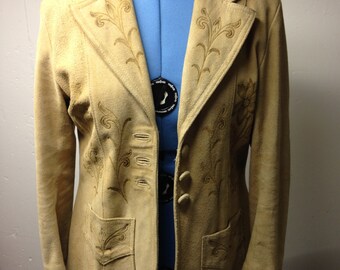 Vintage Natural Suede Coat, Fully Lined, Beautiful Hand-Tooled Details!