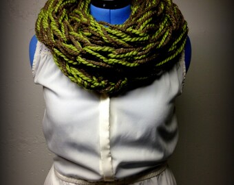 Ready to Ship - Chunky Arm-Knitted Cowl, in Green and Fawn