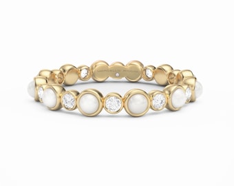 Round Diamond & Pearl Eternity Ring, 18K Gold - 950 Platinum