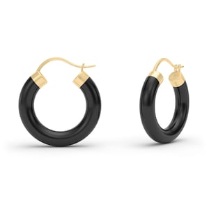 Natural Black Agate Chunky Hoop 18k Yellow Gold & Silver Earrings, Gift for Her