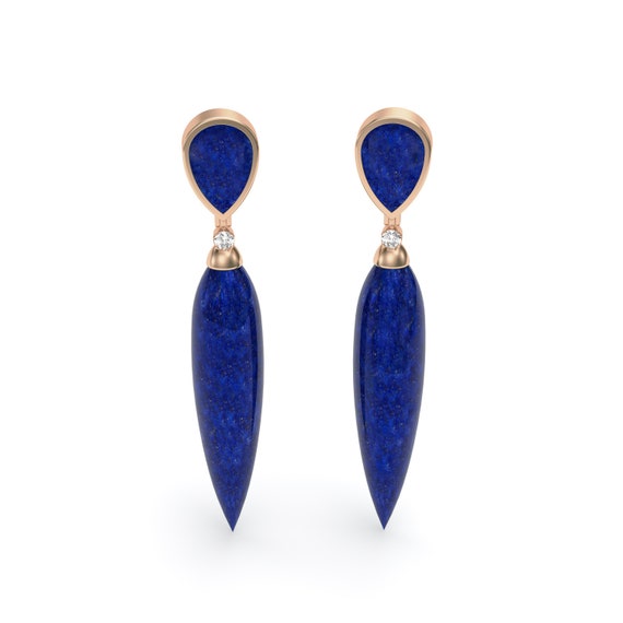 LAPIS LAZULI DIAMOND Gold Drop Stud Earrings Etsy