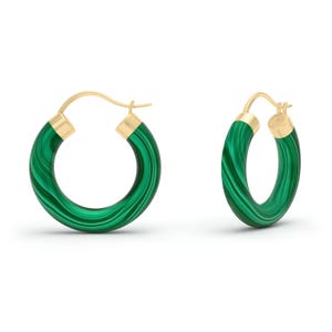 Natural Green Malachite Chunky Hoop 18k Yellow Gold & Silver Earrings, Gift for Her