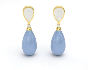 Brincos pendentes em formato de lágrima, madrepérola, ágata azul e diamante em ouro