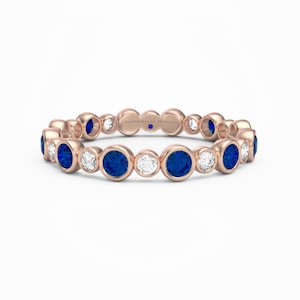 Blue Sapphire & Diamond Bezel Set Round Eternity Ring, 18K Rose Gold
