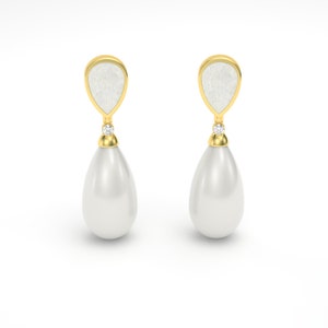 Mother of Pearl - Diamond - White Agate Gold Drop Stud Earrings