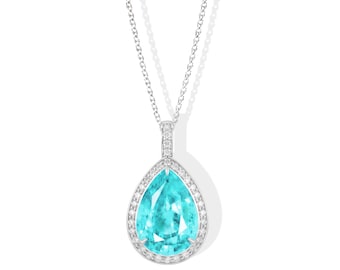 Neon Paraiba Pear Tourmaline & Diamonds 18K White Gold Pendant Necklace