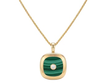 Malachite & Diamond Cushion Pendant Necklace in 18K Gold or Sterling Silver