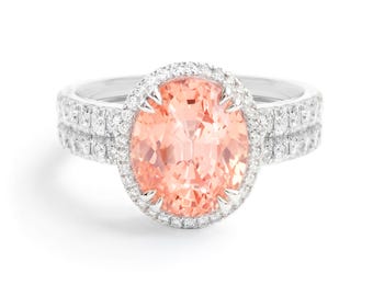 Anillo de platino 950 con zafiro melocotón Padparadscha y diamantes