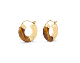 Tiger Eye Small Hoop Gold Earrings