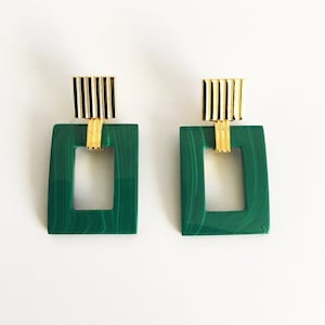 Natural Green Malachite Hoop Squared 18K Gold & Silver Earrings, Gift for her