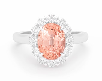 Anillo GRS de platino 950 con zafiro padparadscha color melocotón sin tratamiento térmico y diamantes.