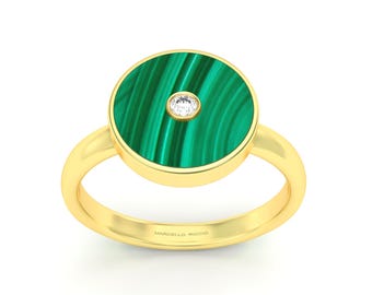MALACHITE - DIAMOND Gold 18K or Silver Yellow Gold Plated Ring
