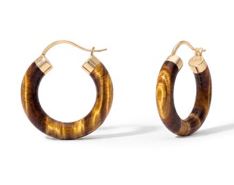 Natural Tiger Eye Chunky Hoop 18k Yellow Gold & Silver Earrings, Gift for Her