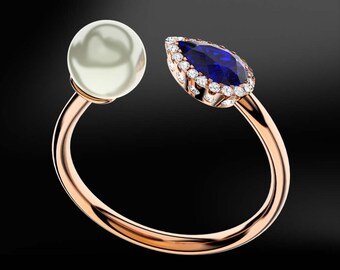 SAPPHIRE, DIAMOND & PEARL Gold Ring