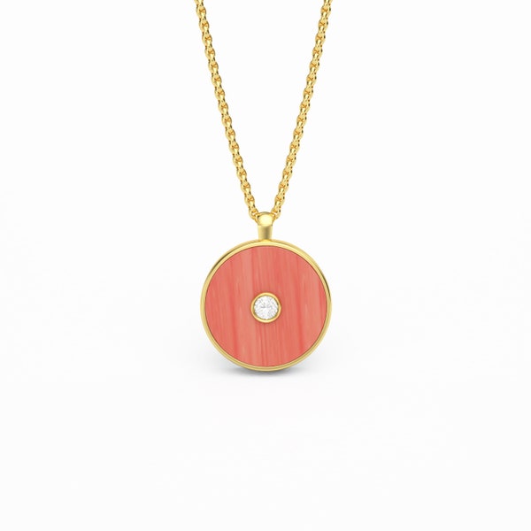 Coral and Diamond in 18K Gold or Silver Pendant