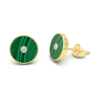 Malachite & Diamonds 18K Gold, Silver Gold Plated Stud Earrings. Gift for Her