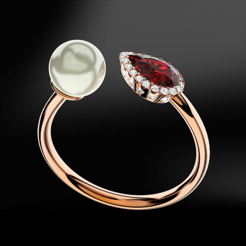 RUBY DIAMOND PEARL Gold Ring image 1