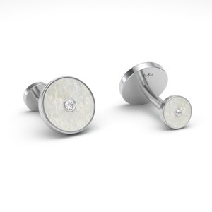 MOTHER of PEARL & DIAMONDS White Gold Round Cufflinks