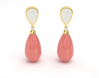 Mother of Pearl - Diamond - Coral Drop Stud Earrings